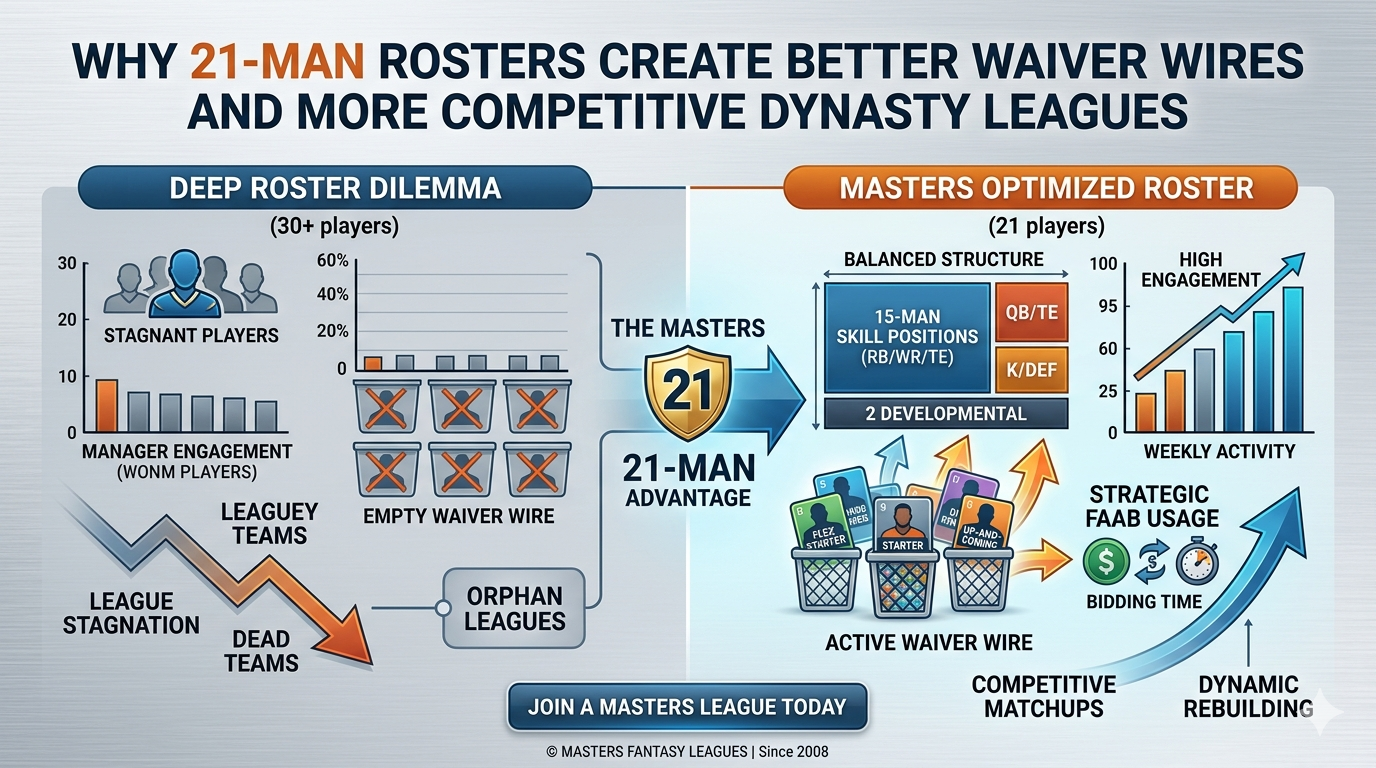 Masters Fantasy Football optimized 21 man roster vs deep roster dilemma in dynasty leagues