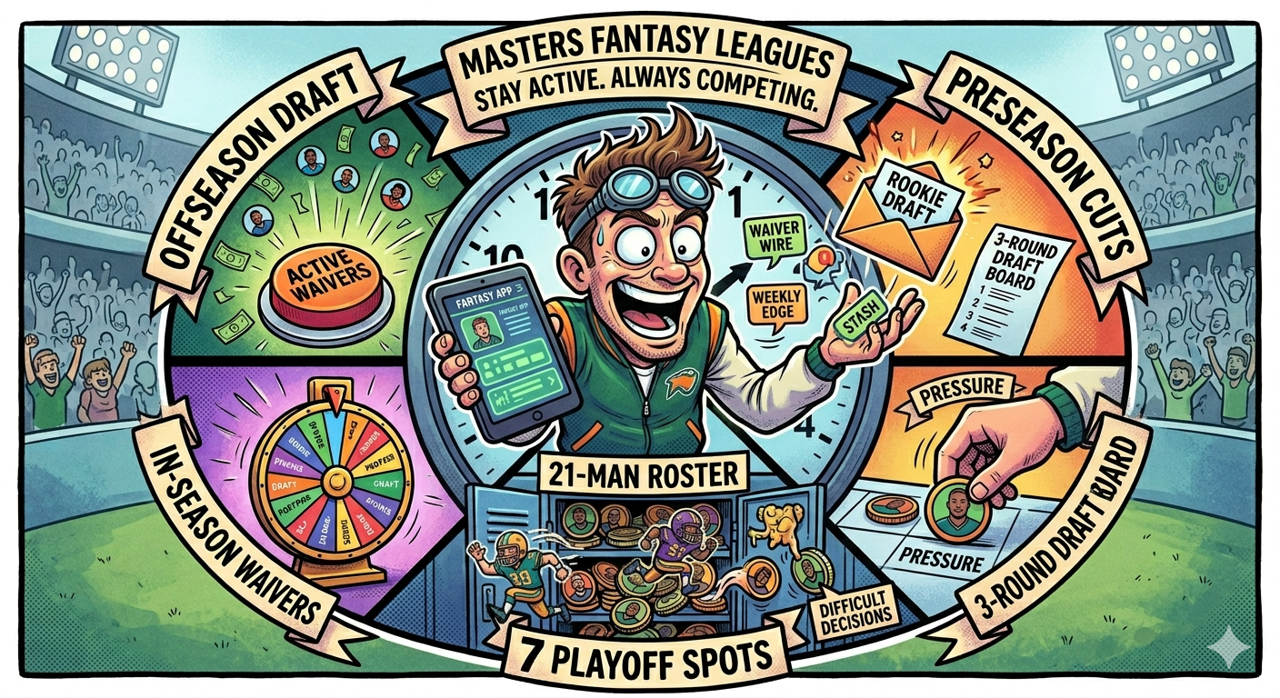 Year round fantasy manager action, unique active dynasty league structure