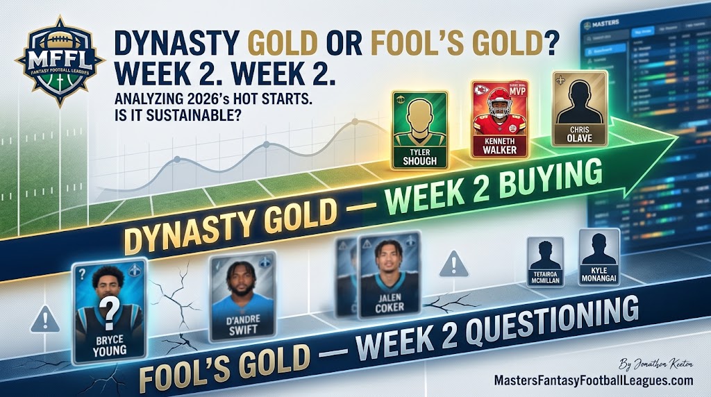 Dynasty Gold or Fool’s Gold Week 2 2026 – Tyler Shough, Bryce Young, Kenneth Walker, D’Andre Swift, Jalen Coker. Dynasty Gold or Fool's Gold Week 2 2026 – Tyler Shough, Bryce Young, Kenneth Walker, D'Andre Swift, Jalen Coker.